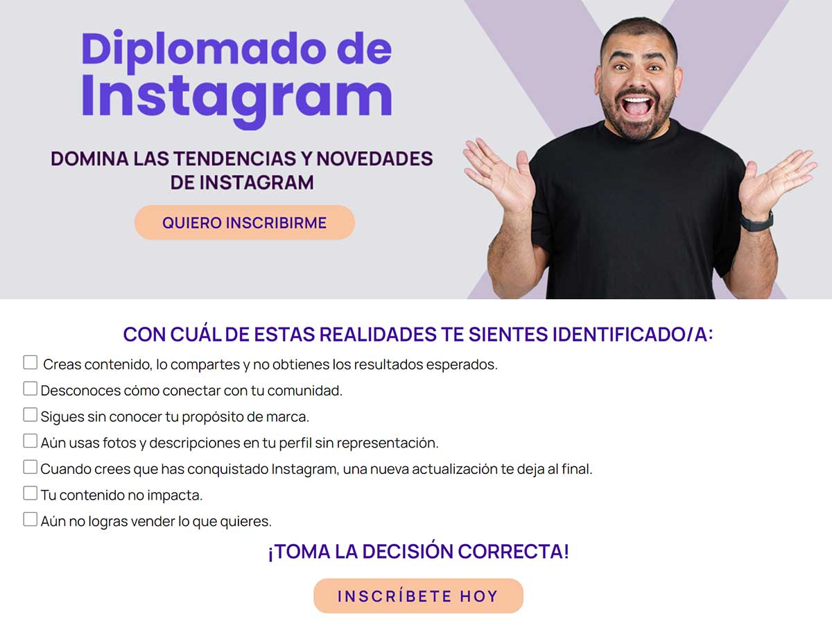 Landing page ejemplos Antonio Torrealba Diplomado Instagram